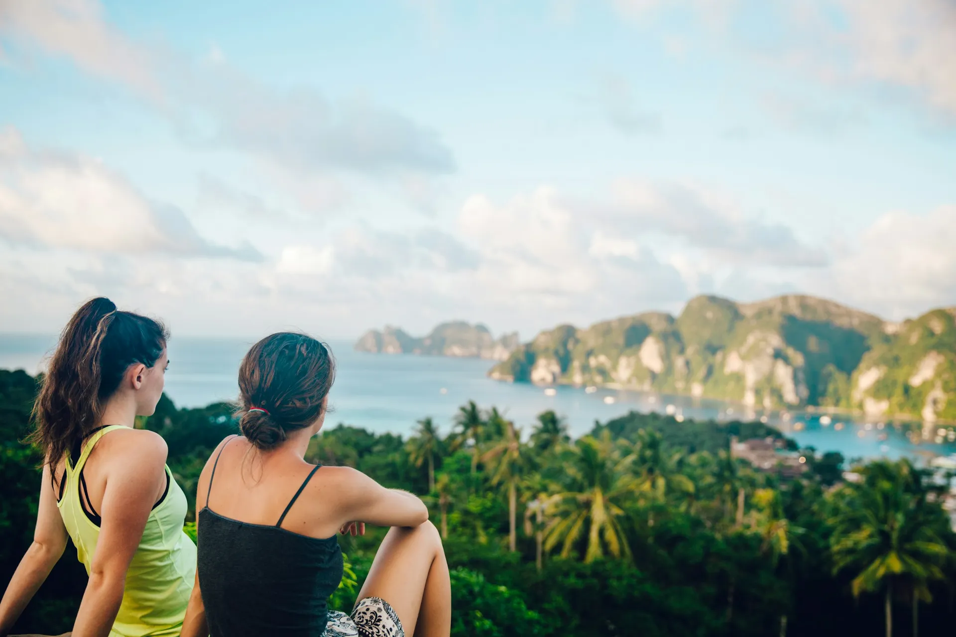 Two travelers looking out over a tropical landscape